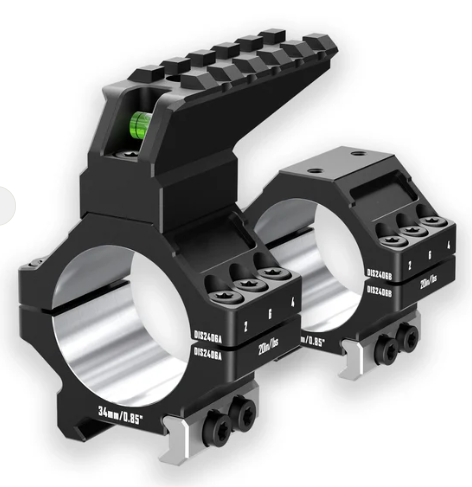Sjónaukahringir úr 7075 áli með top rail og hallamáli (34 mm, LOW - 21,59mm (0,85"))